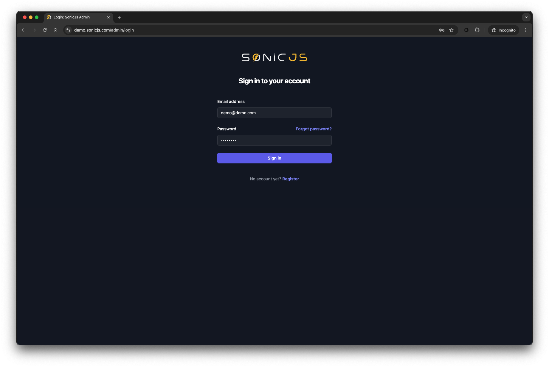 SonicJs Admin UI Login