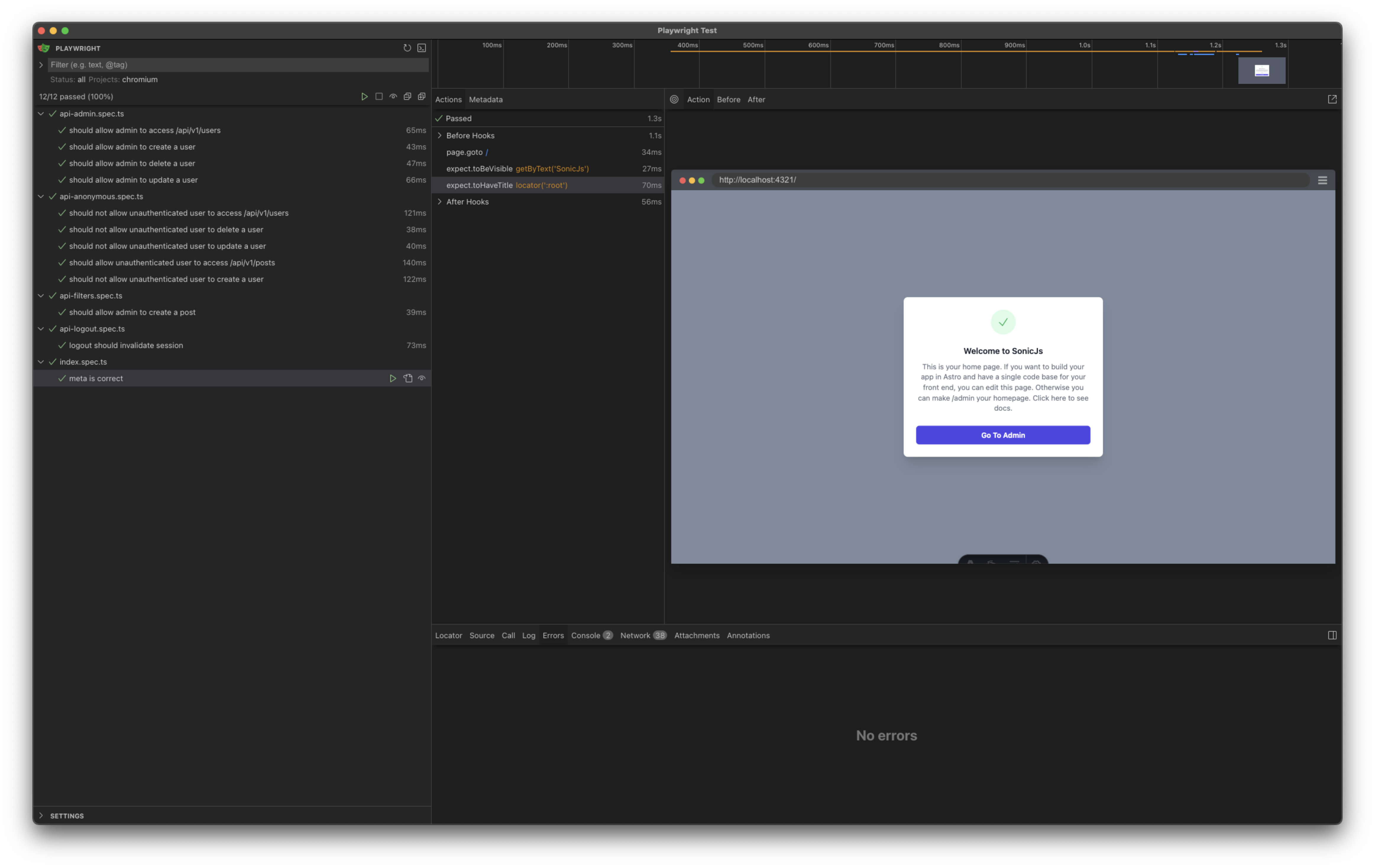 SonicJs Playwright E2E UI
